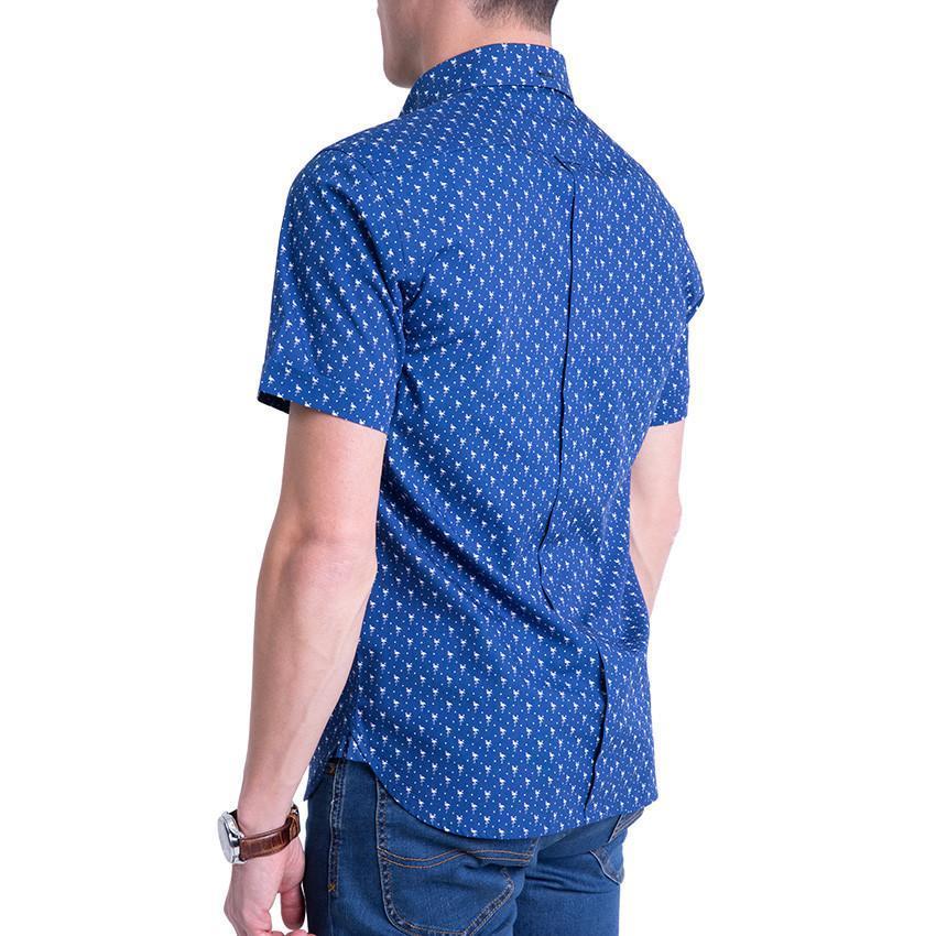 Mens Short Sleeve Shirt - A Slim Fit Button-Down in Navy Blue with White Flamingoes by MR. KOYA