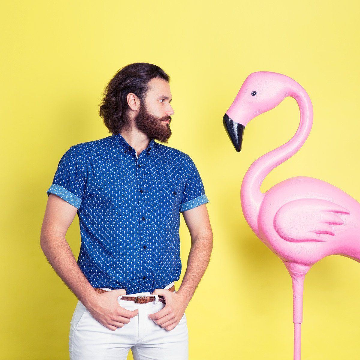 Mens Short Sleeve Shirt - A Slim Fit Button-Down in Navy Blue with White Flamingoes by MR. KOYA