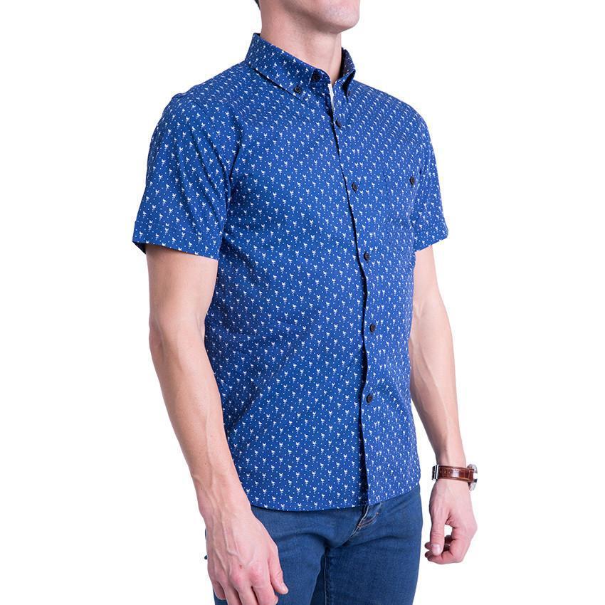 Mens Short Sleeve Shirt - A Slim Fit Button-Down in Navy Blue with White Flamingoes. Hero Image